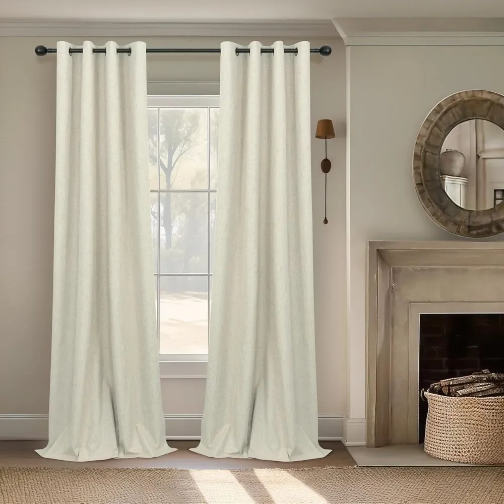 Blackout Linen Curtains 52 x 108 Grommet Natural Room Darkening Drapes 2 Panels